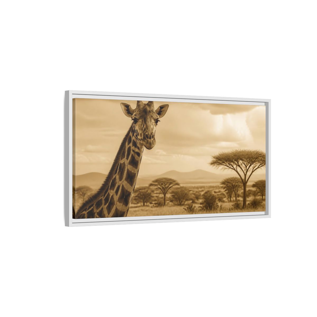 Side Mockup 1. Sepia Giraffe Portrait shown as framed canvas print