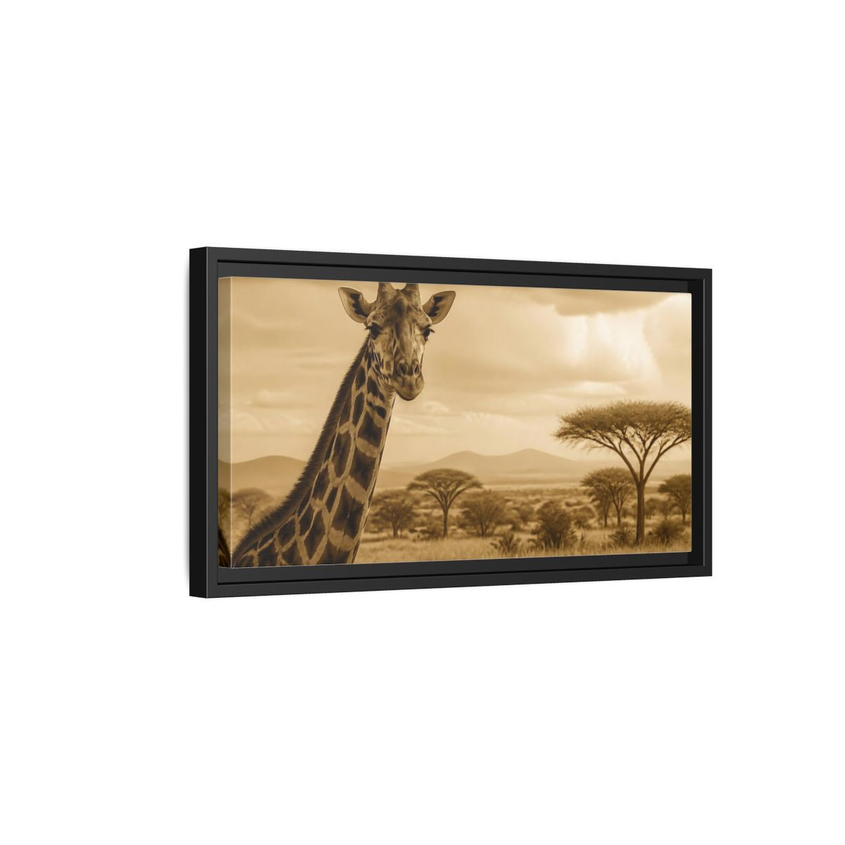Side Mockup 8. Sepia Giraffe Portrait shown as framed canvas print