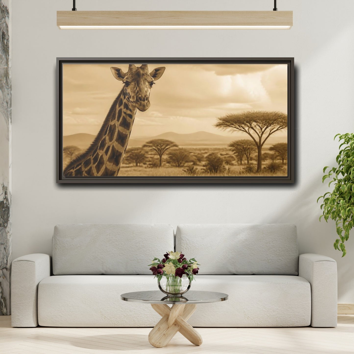 Mockup 2. Sepia Giraffe Portrait shown as framed canvas print