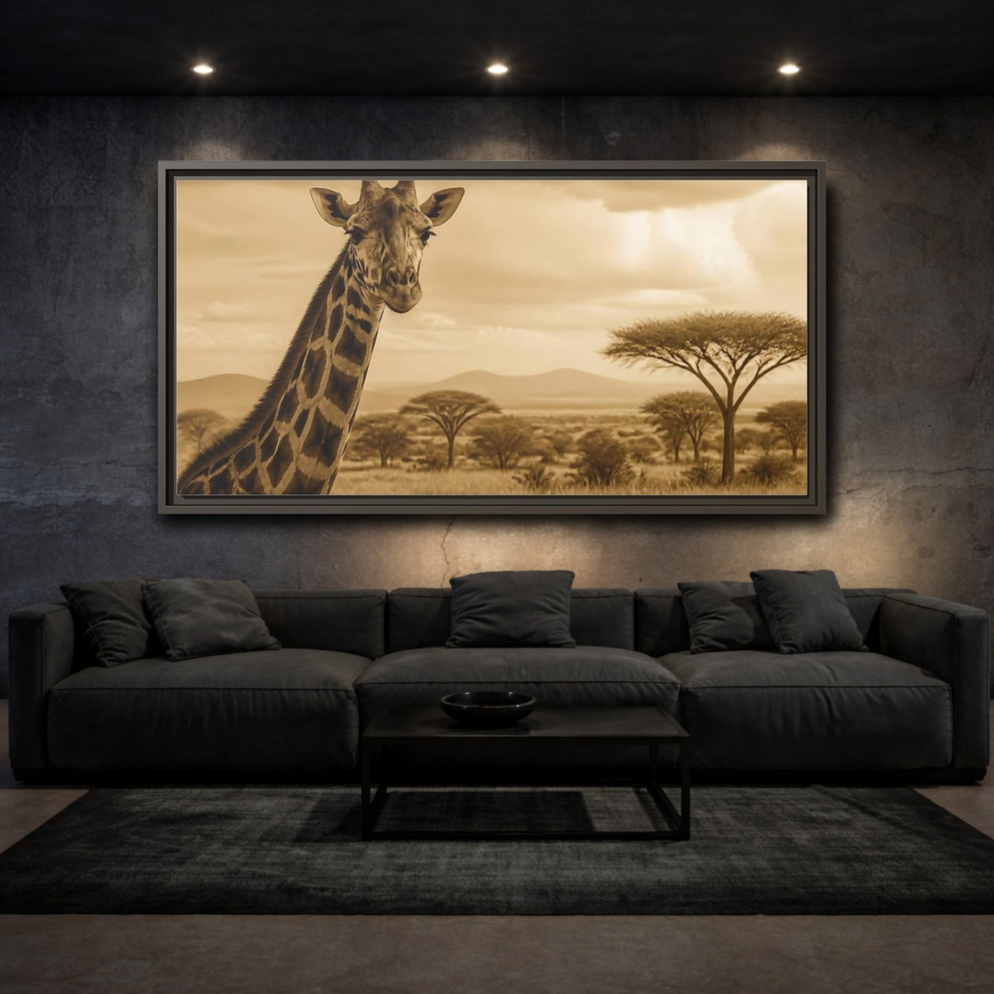 Mockup 3. Sepia Giraffe Portrait shown as framed canvas print