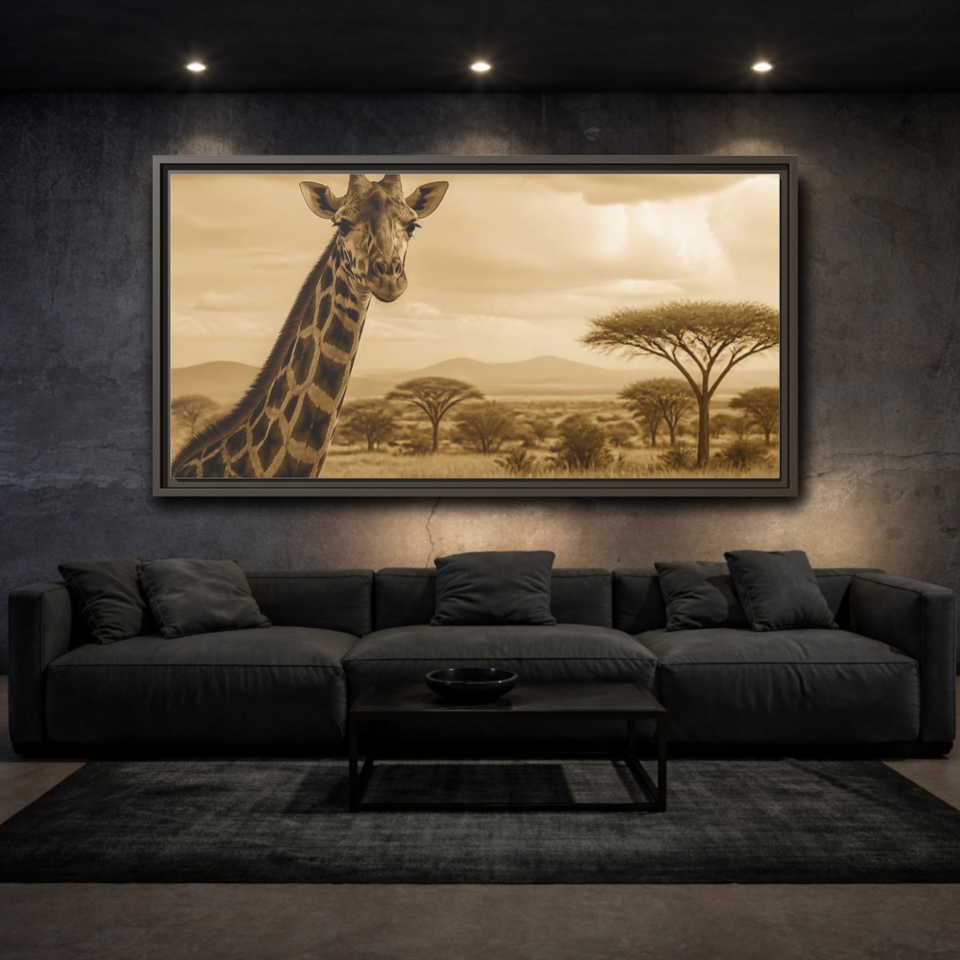 Mockup 3. Sepia Giraffe Portrait shown as framed canvas print