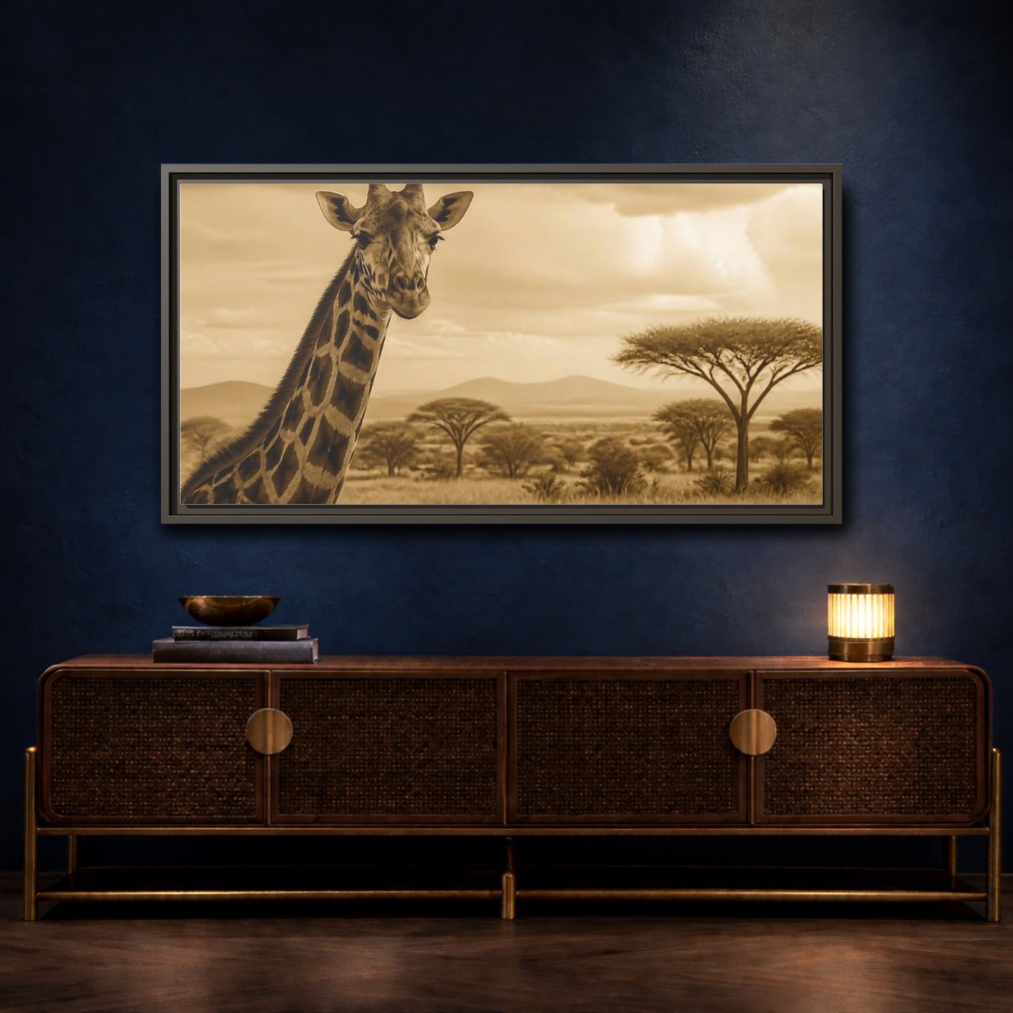Mockup 4. Sepia Giraffe Portrait shown as framed canvas print
