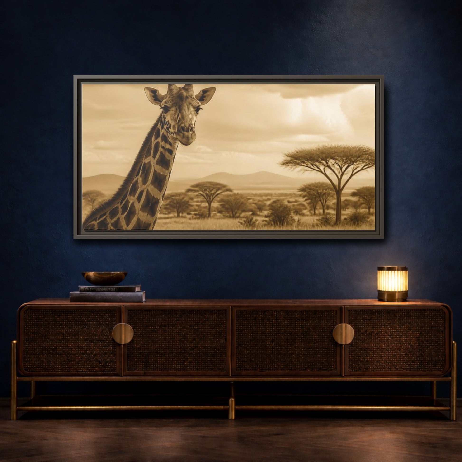 Mockup 4. Sepia Giraffe Portrait shown as framed canvas print