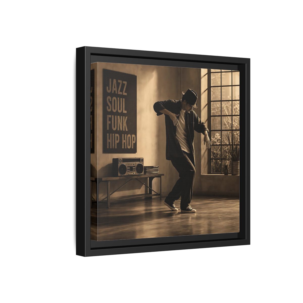 Side Mockup 18. Sepia Hip Hop Groove shown as framed canvas print