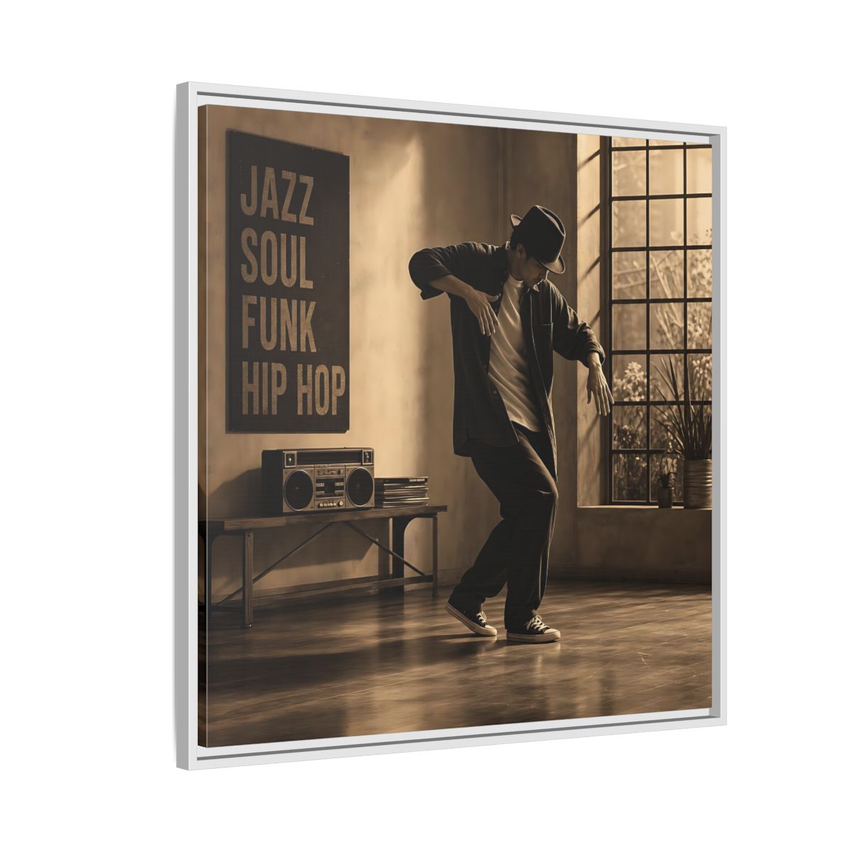 Side Mockup 7. Sepia Hip Hop Groove shown as framed canvas print
