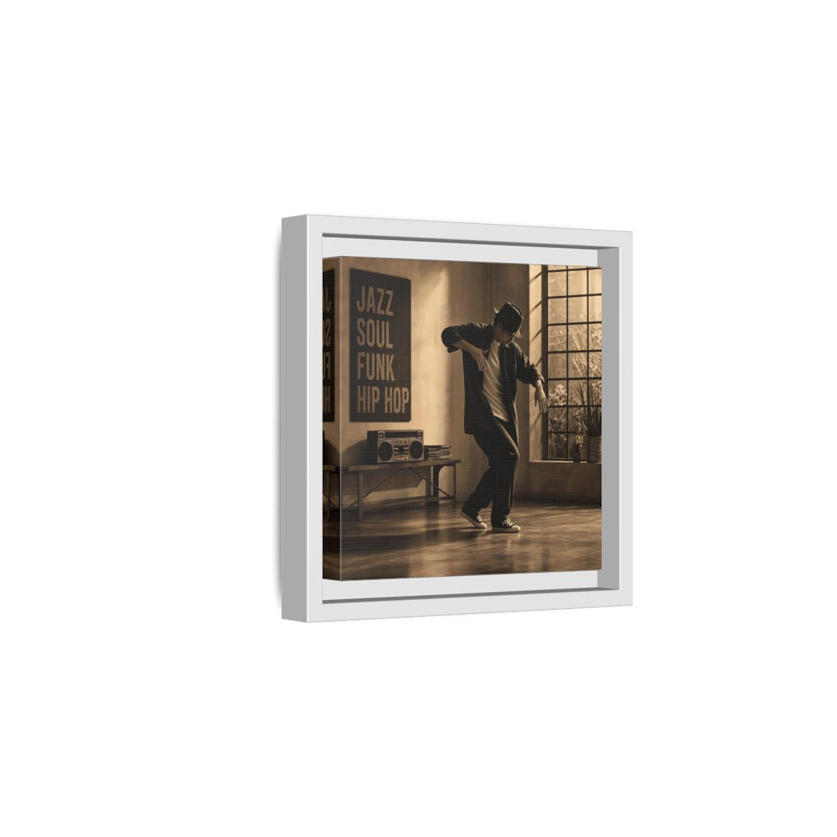 Side Mockup 1. Sepia Hip Hop Groove shown as framed canvas print