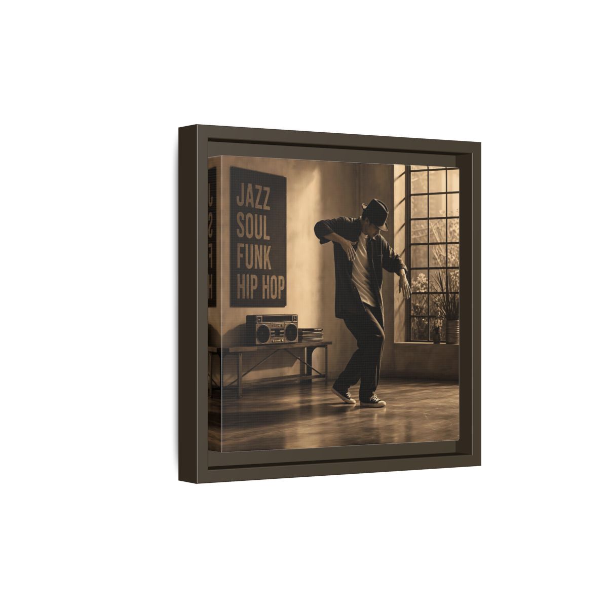 Side Mockup 20. Sepia Hip Hop Groove shown as framed canvas print
