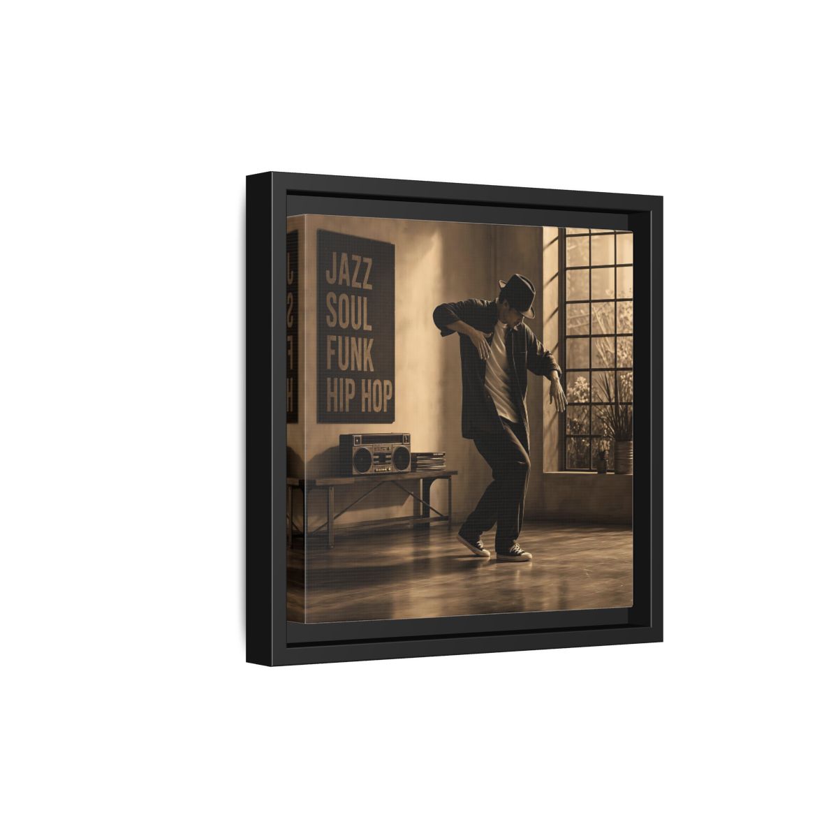 Side Mockup 21. Sepia Hip Hop Groove shown as framed canvas print
