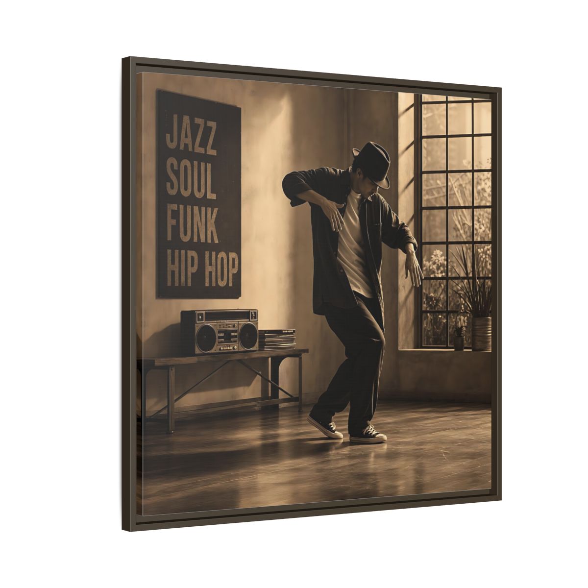 Side Mockup 8. Sepia Hip Hop Groove shown as framed canvas print