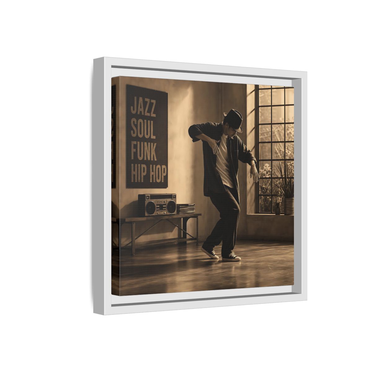 Side Mockup 16. Sepia Hip Hop Groove shown as framed canvas print