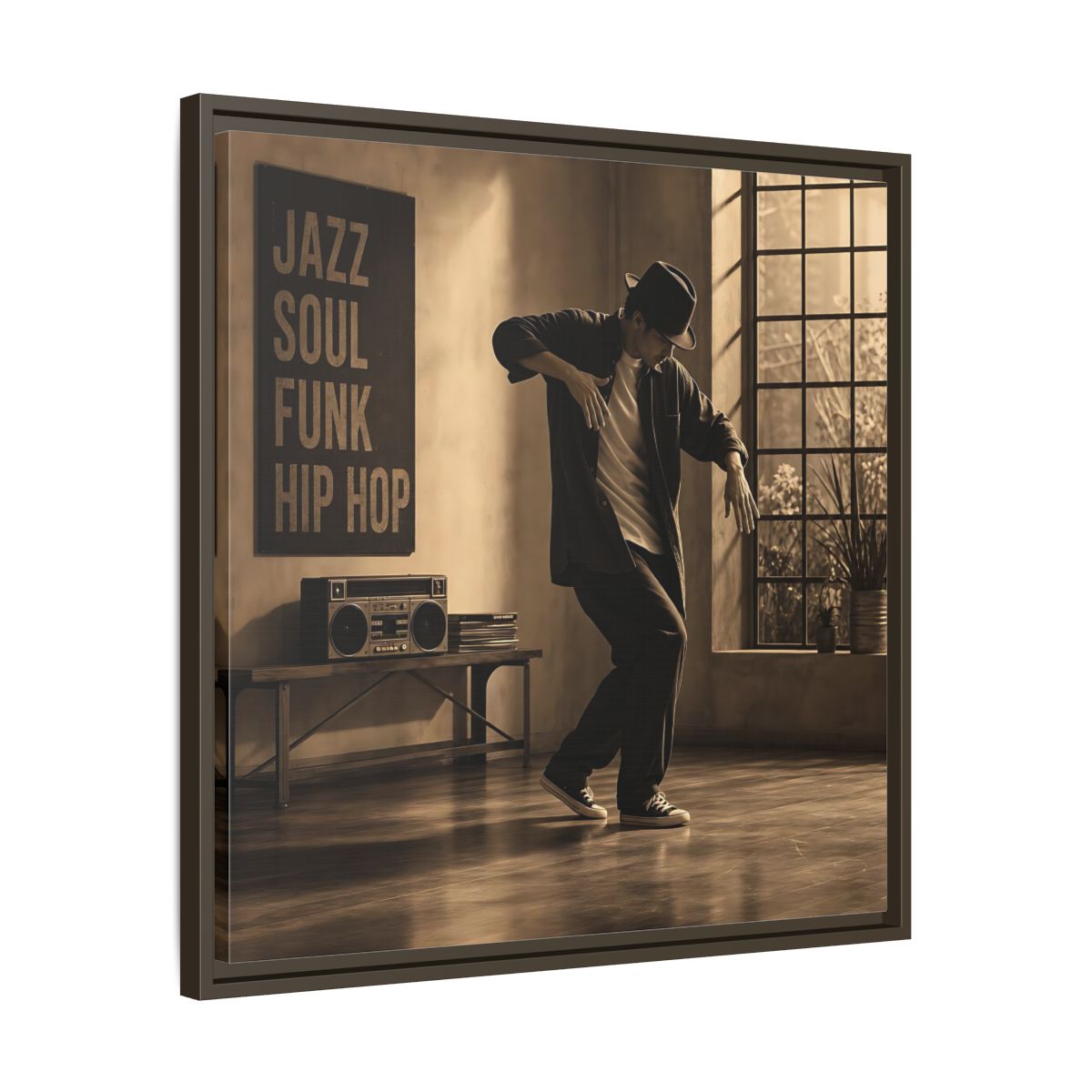 Side Mockup 27. Sepia Hip Hop Groove shown as framed canvas print