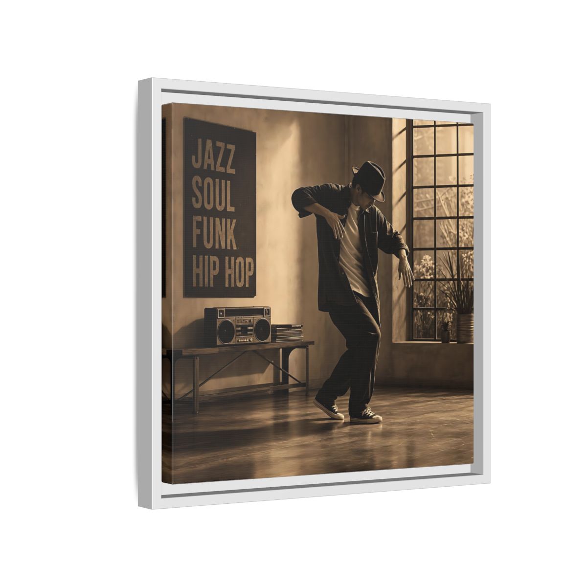 Side Mockup 13. Sepia Hip Hop Groove shown as framed canvas print