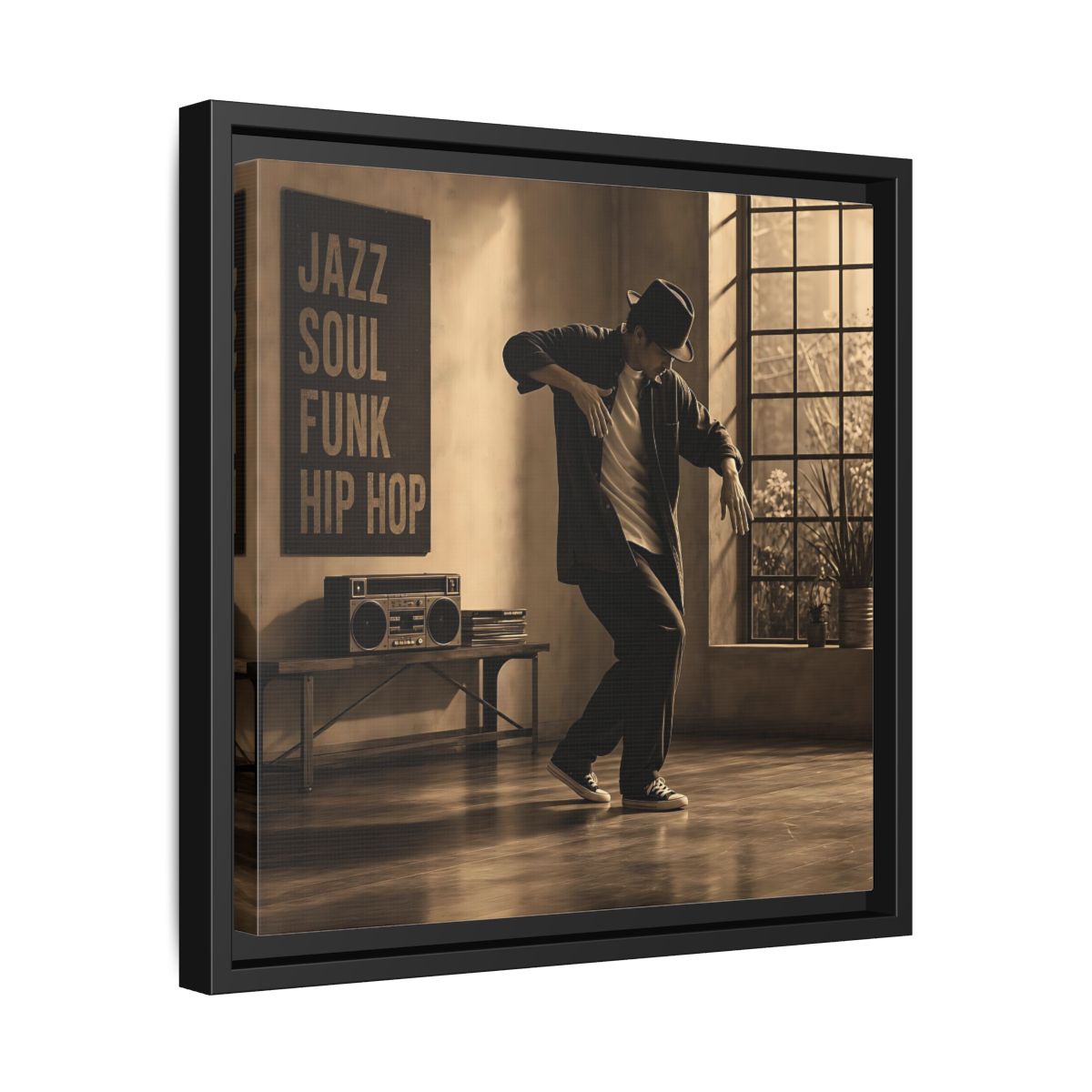 Side Mockup 32. Sepia Hip Hop Groove shown as framed canvas print