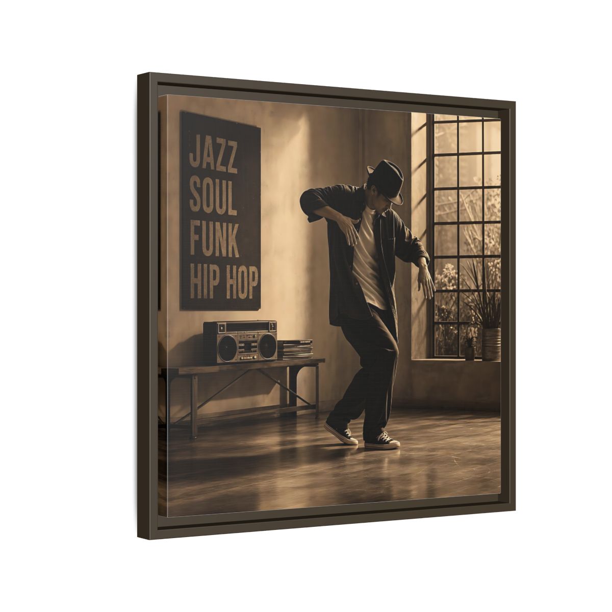 Side Mockup 11. Sepia Hip Hop Groove shown as framed canvas print