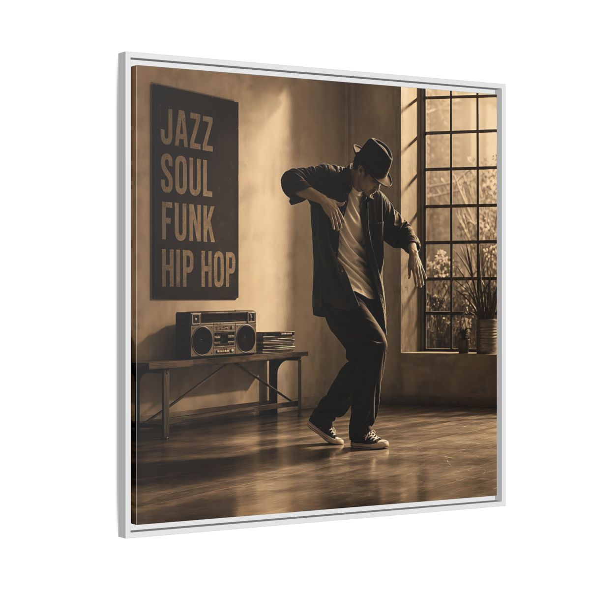 Side Mockup 4. Sepia Hip Hop Groove shown as framed canvas print