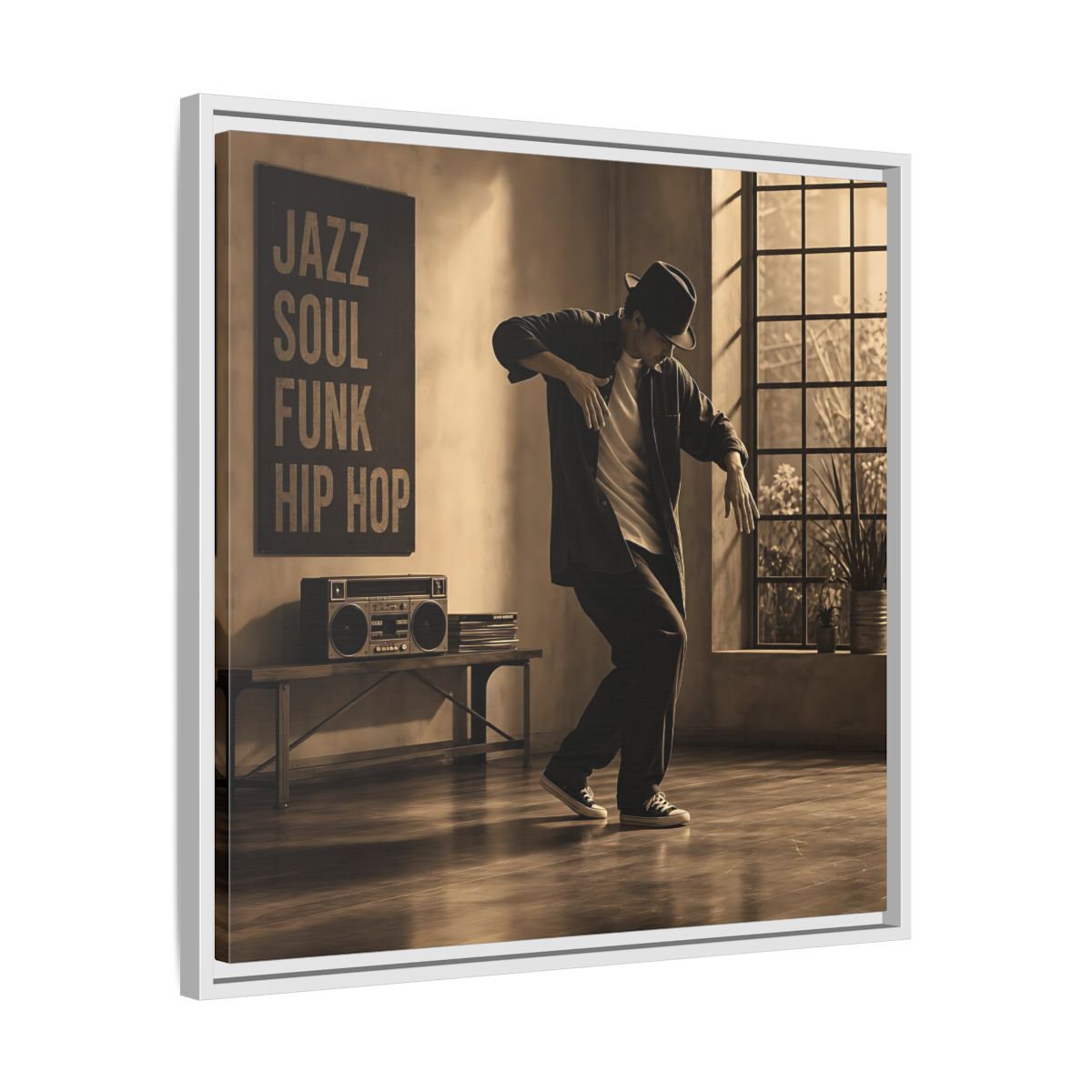 Side Mockup 26. Sepia Hip Hop Groove shown as framed canvas print