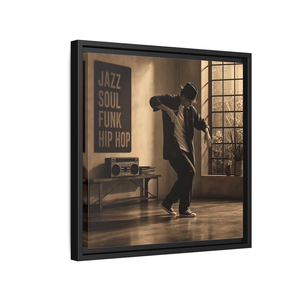 Side Mockup 15. Sepia Hip Hop Groove shown as framed canvas print
