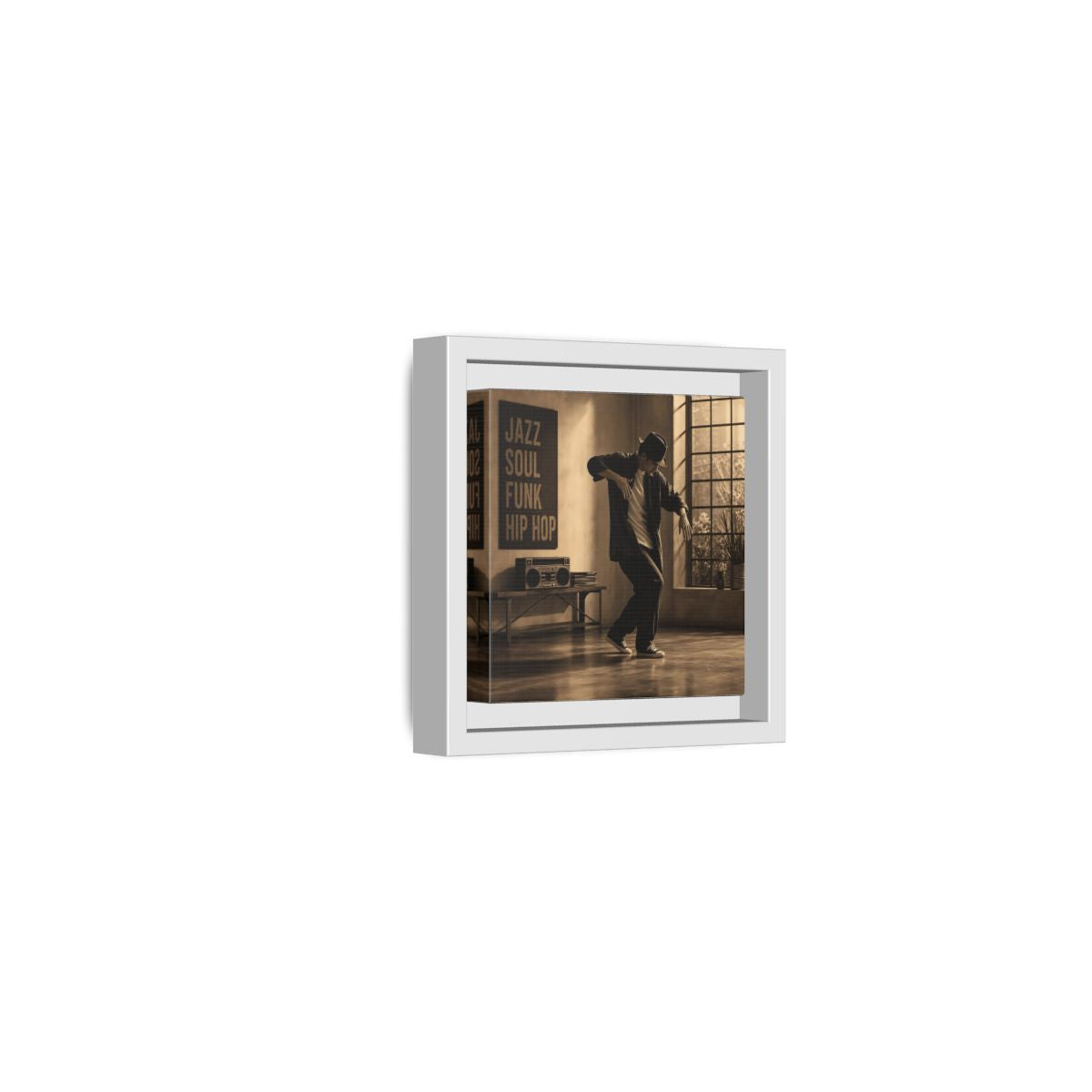Side Mockup 22. Sepia Hip Hop Groove shown as framed canvas print