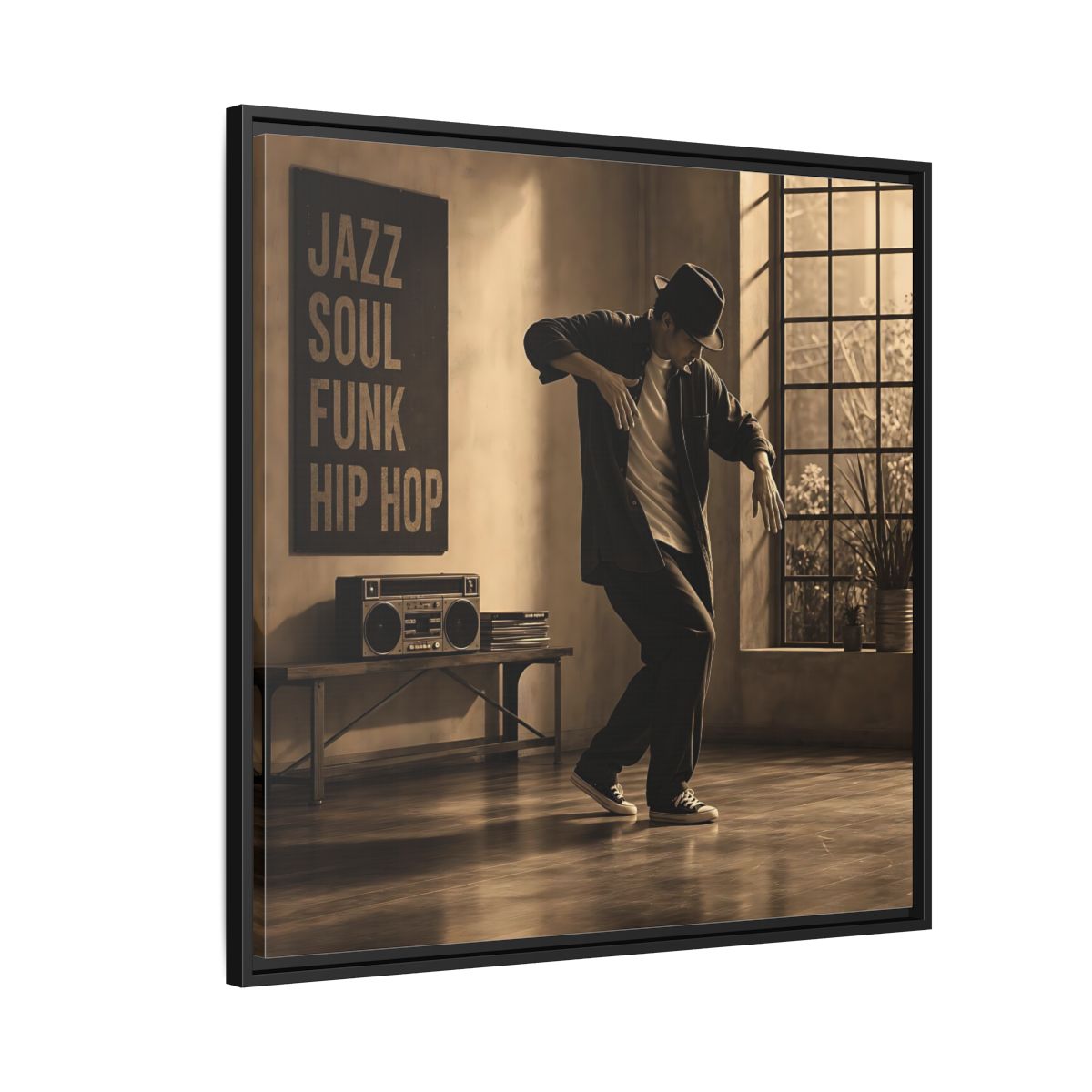 Side Mockup 9. Sepia Hip Hop Groove shown as framed canvas print