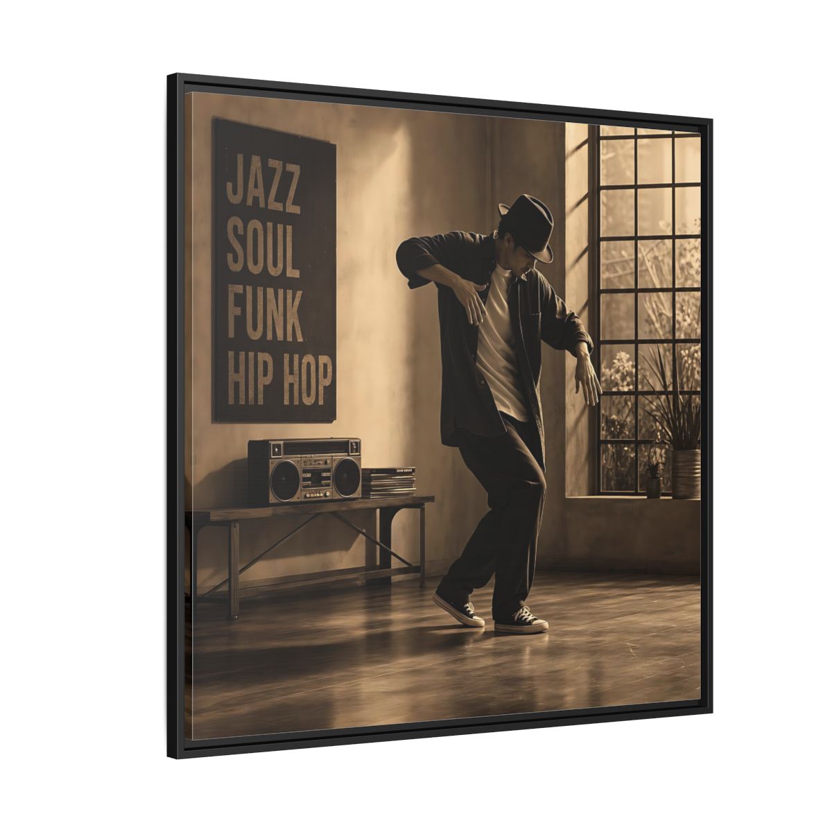 Side Mockup 6. Sepia Hip Hop Groove shown as framed canvas print