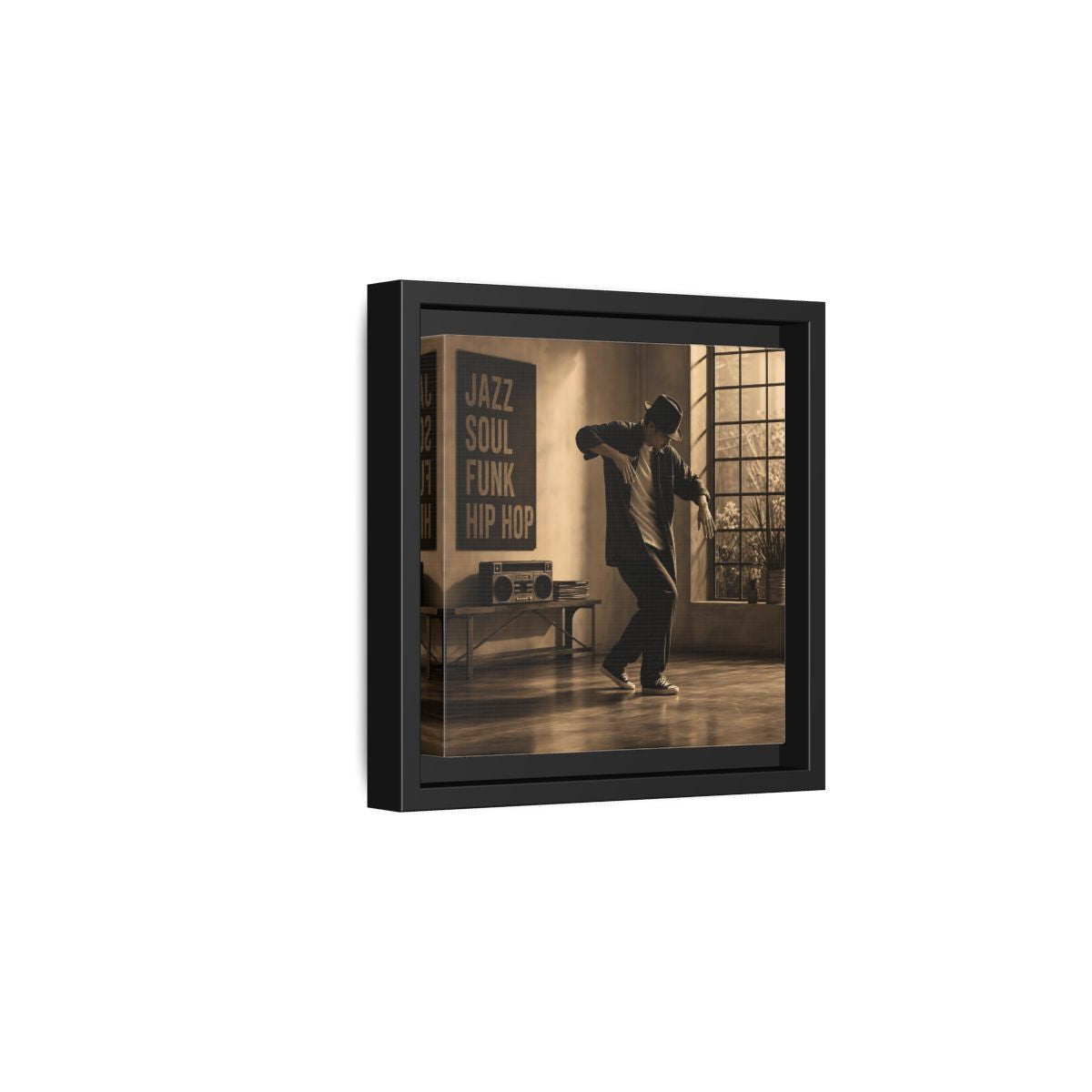 Side Mockup 3. Sepia Hip Hop Groove shown as framed canvas print