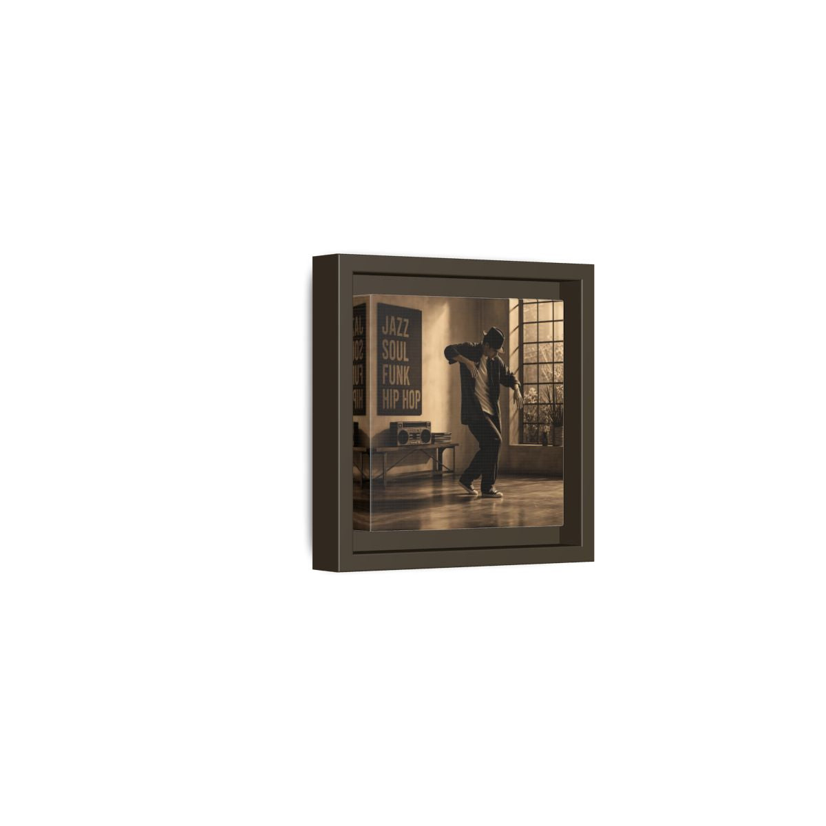 Side Mockup 23. Sepia Hip Hop Groove shown as framed canvas print