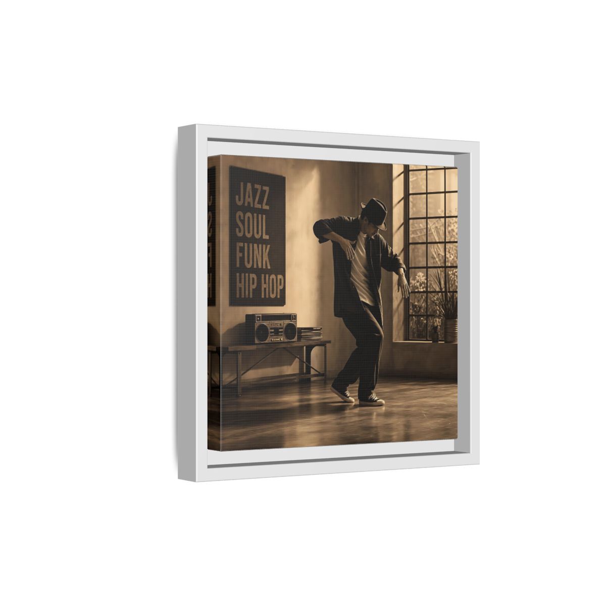 Side Mockup 19. Sepia Hip Hop Groove shown as framed canvas print