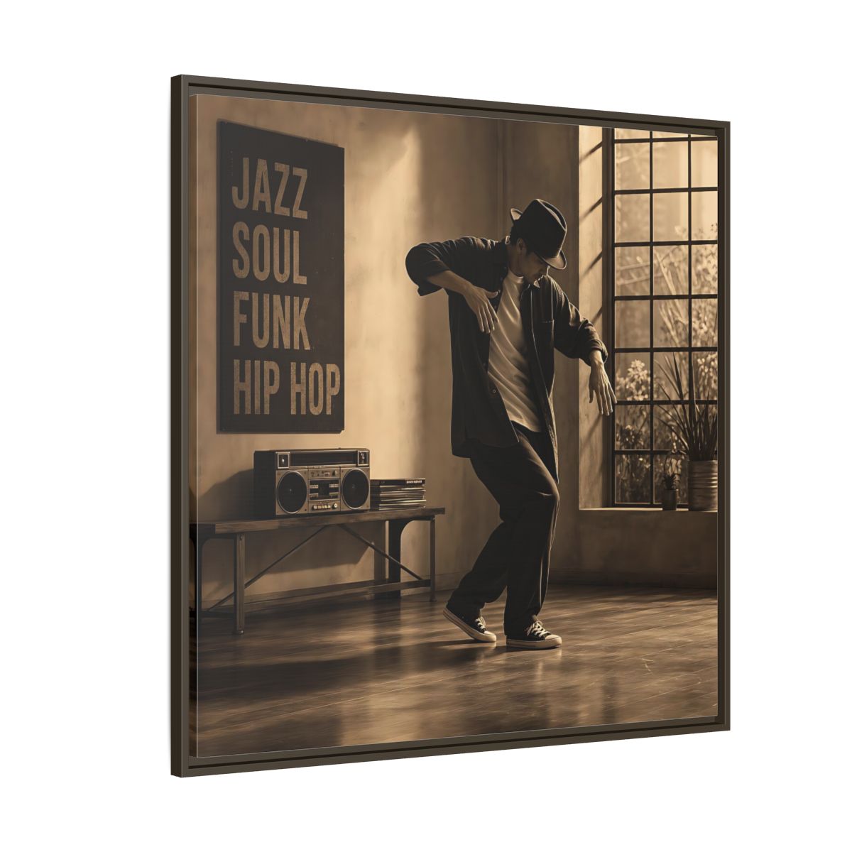Side Mockup 5. Sepia Hip Hop Groove shown as framed canvas print