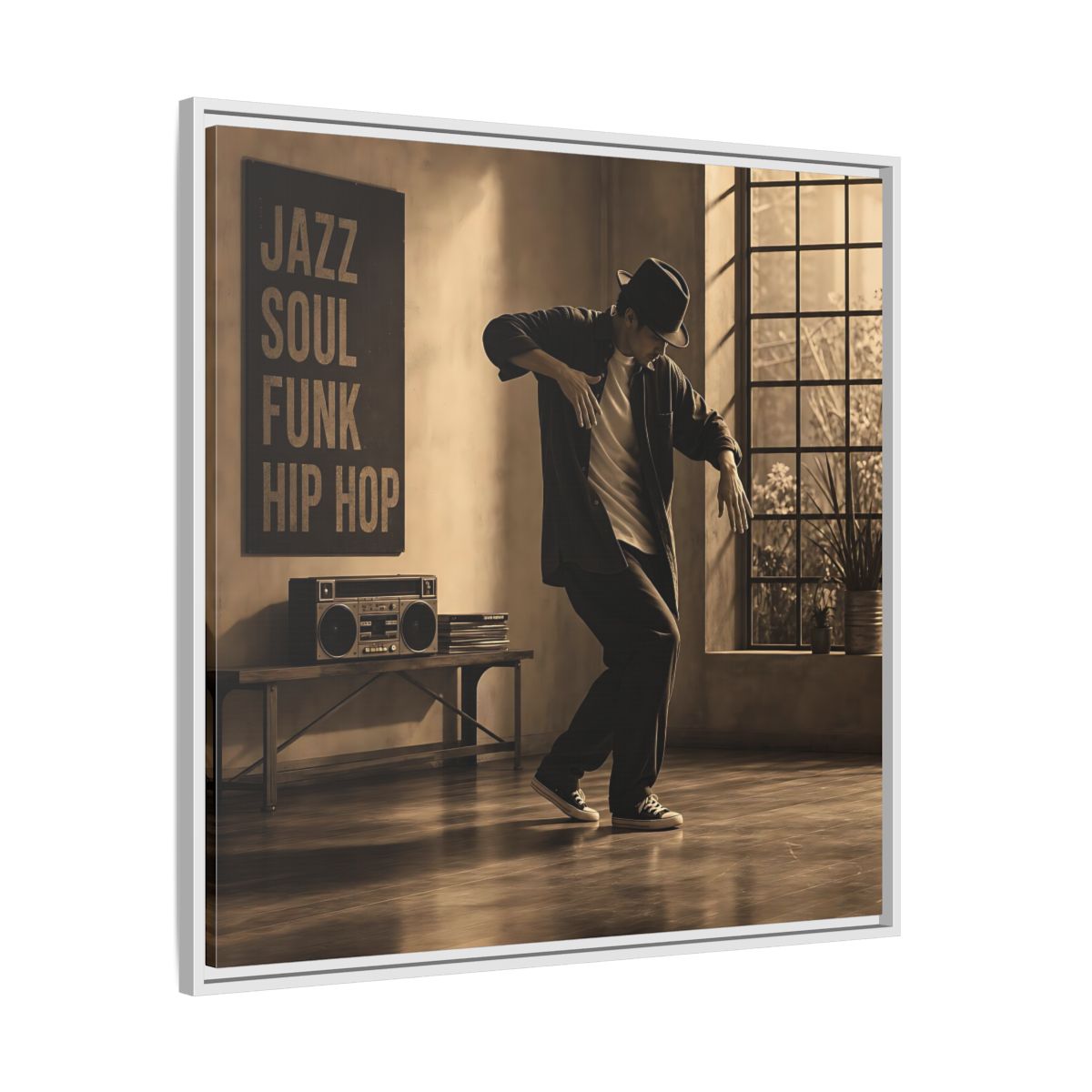 Side Mockup 25. Sepia Hip Hop Groove shown as framed canvas print