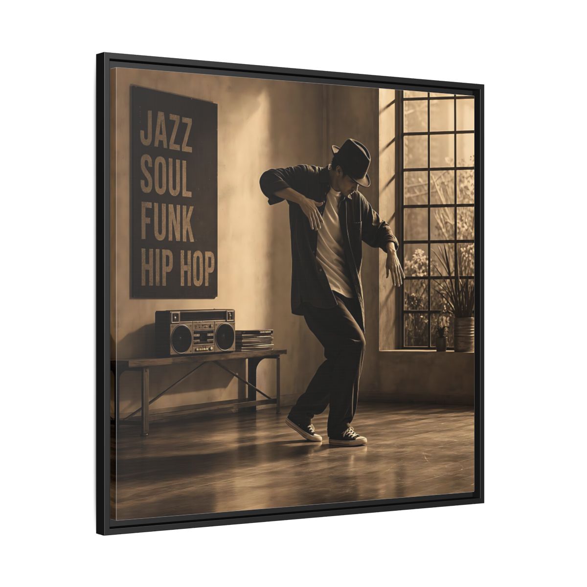 Side Mockup 30. Sepia Hip Hop Groove shown as framed canvas print