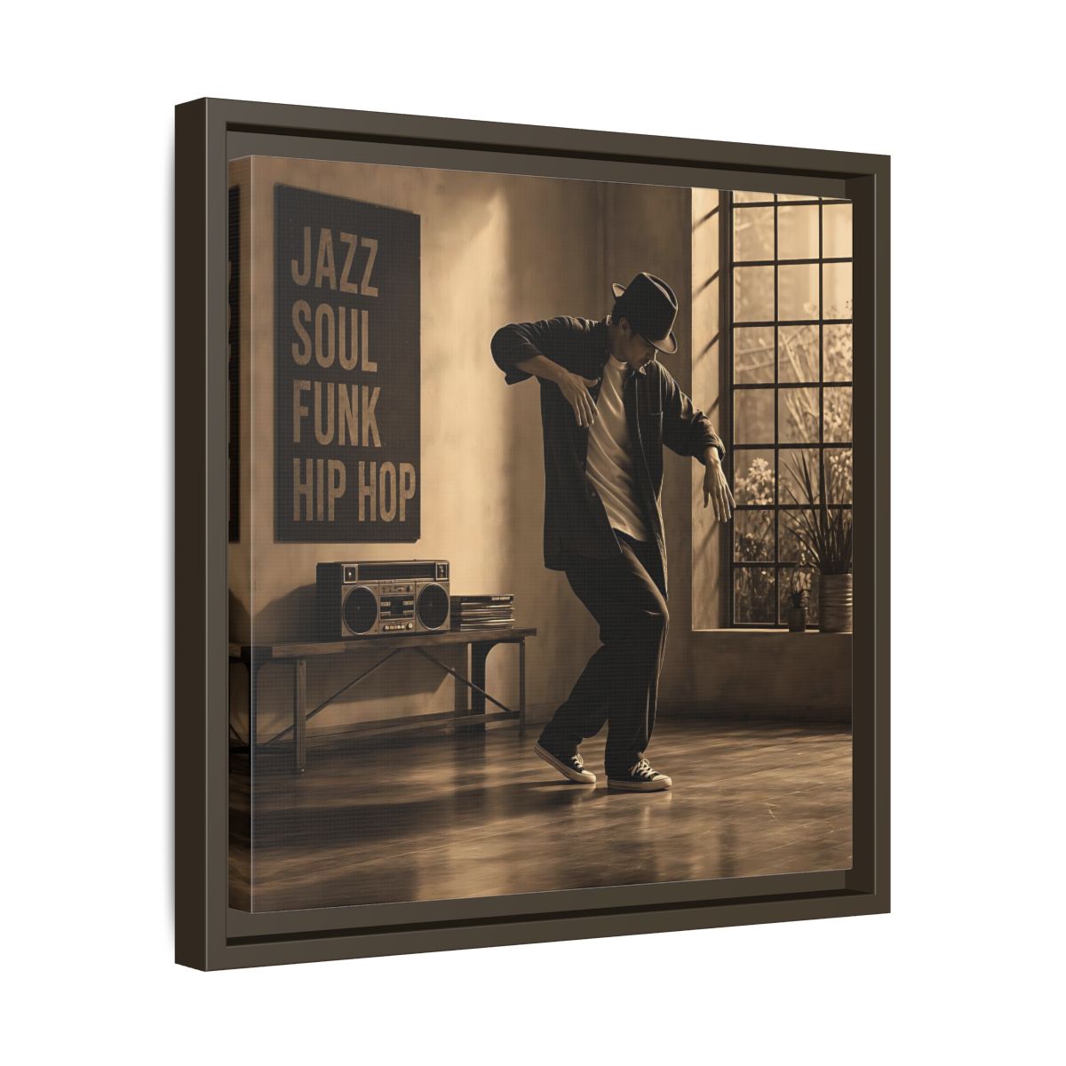 Side Mockup 29. Sepia Hip Hop Groove shown as framed canvas print