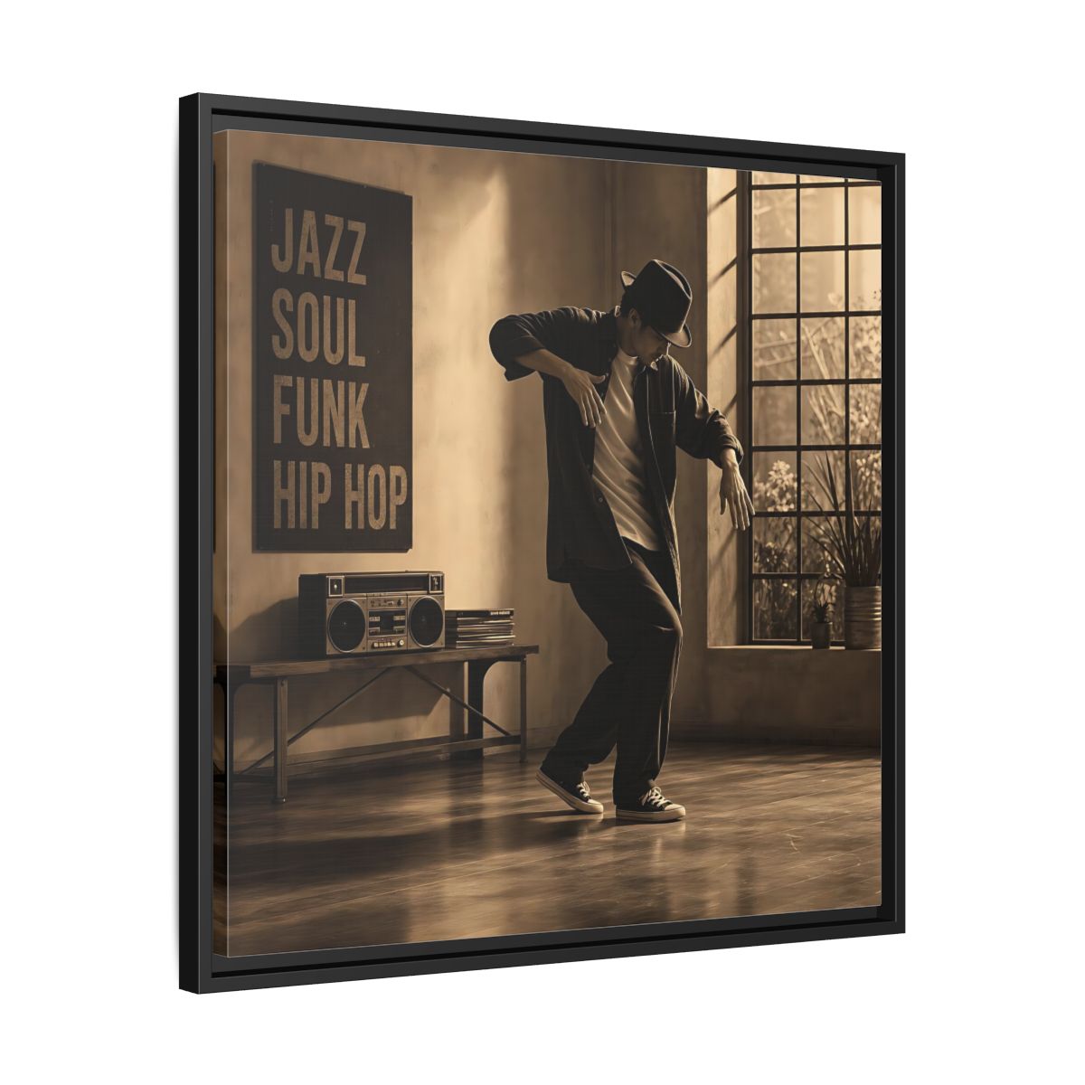Side Mockup 31. Sepia Hip Hop Groove shown as framed canvas print