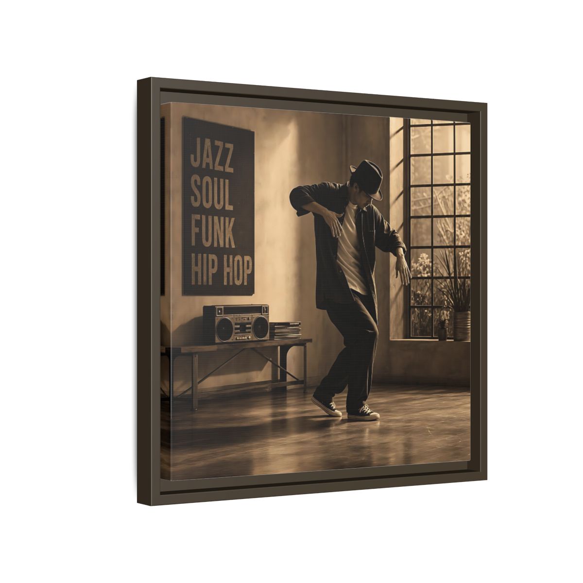 Side Mockup 14. Sepia Hip Hop Groove shown as framed canvas print