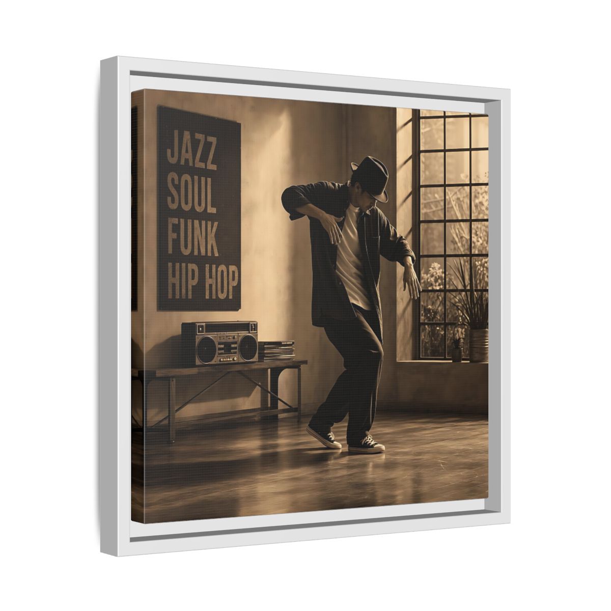 Side Mockup 28. Sepia Hip Hop Groove shown as framed canvas print