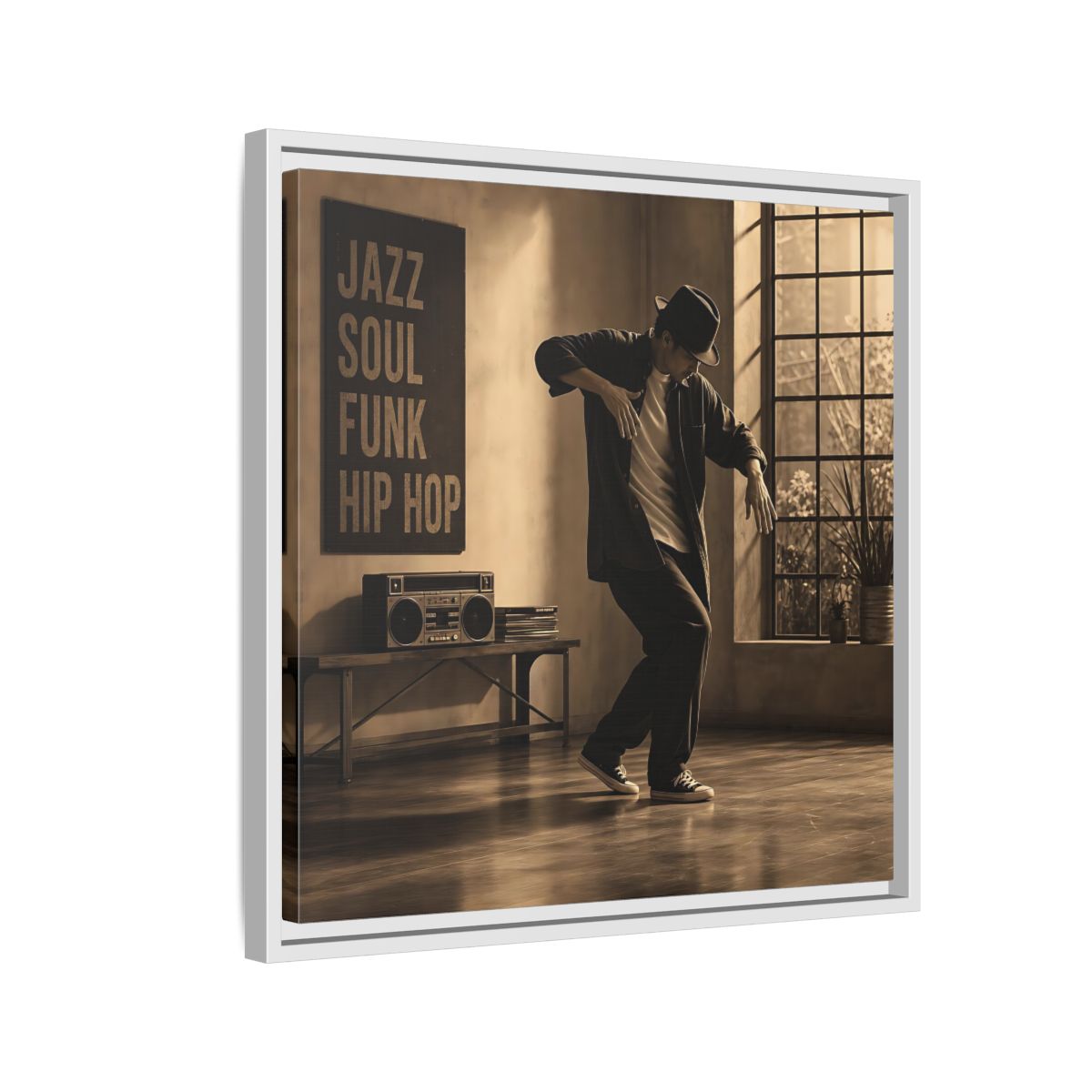 Side Mockup 10. Sepia Hip Hop Groove shown as framed canvas print