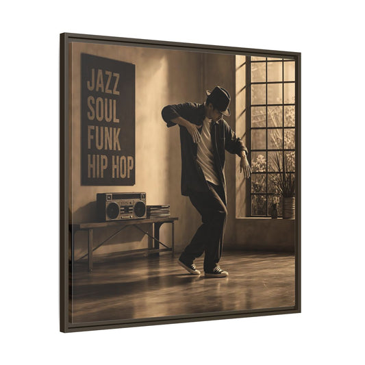 Main Mockup. Sepia Hip Hop Groove shown as framed canvas print