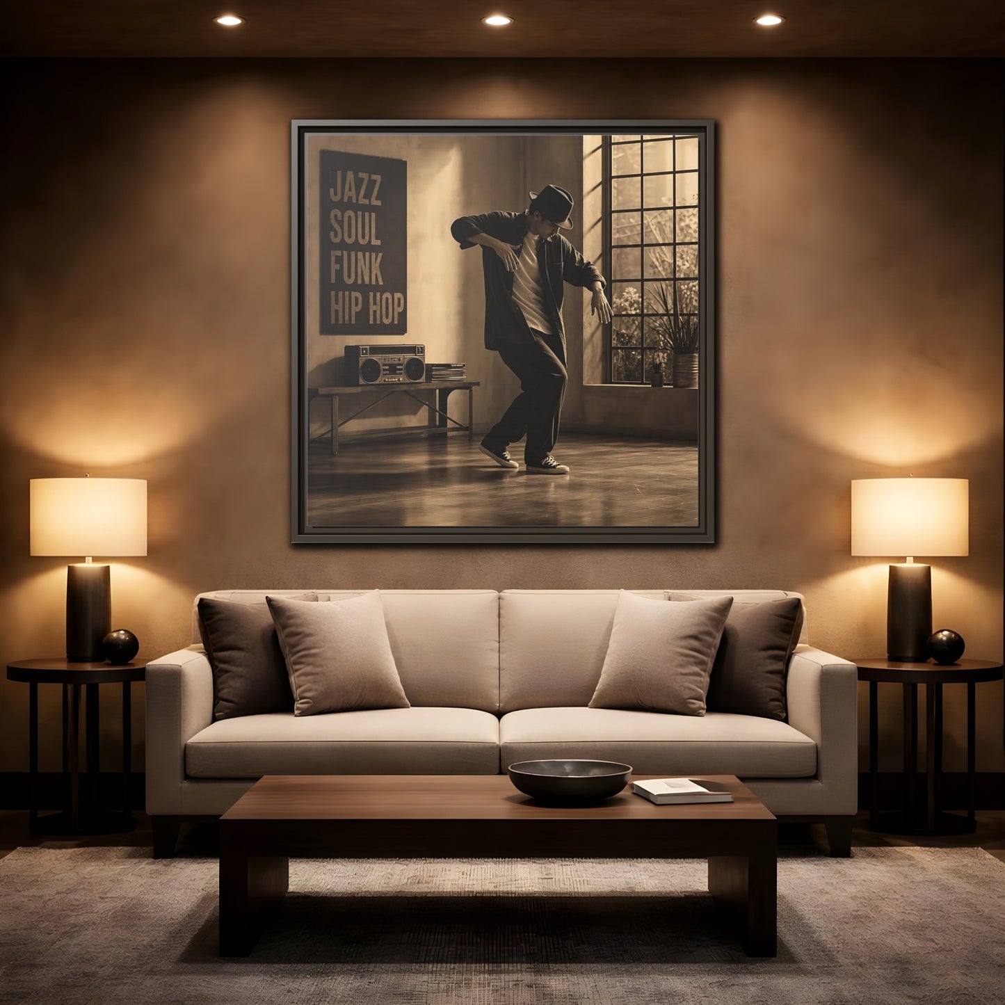 Mockup 2. Sepia Hip Hop Groove shown as framed canvas print