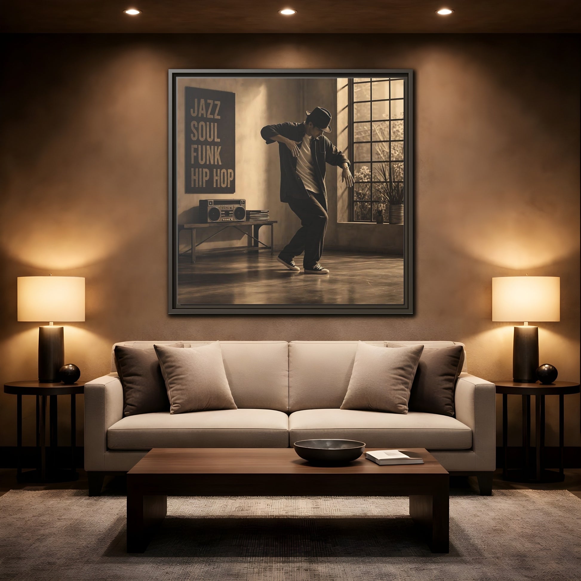 Mockup 2. Sepia Hip Hop Groove shown as framed canvas print