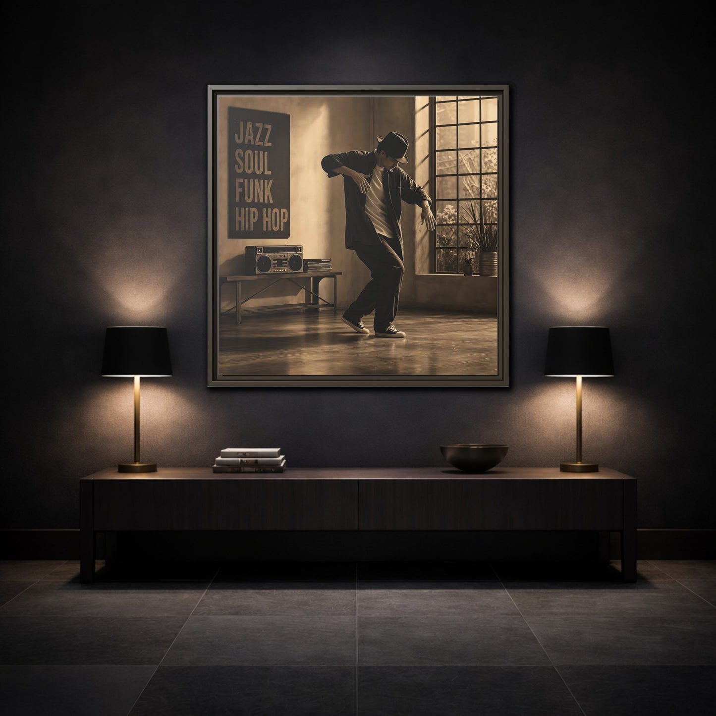 Mockup 3. Sepia Hip Hop Groove shown as framed canvas print