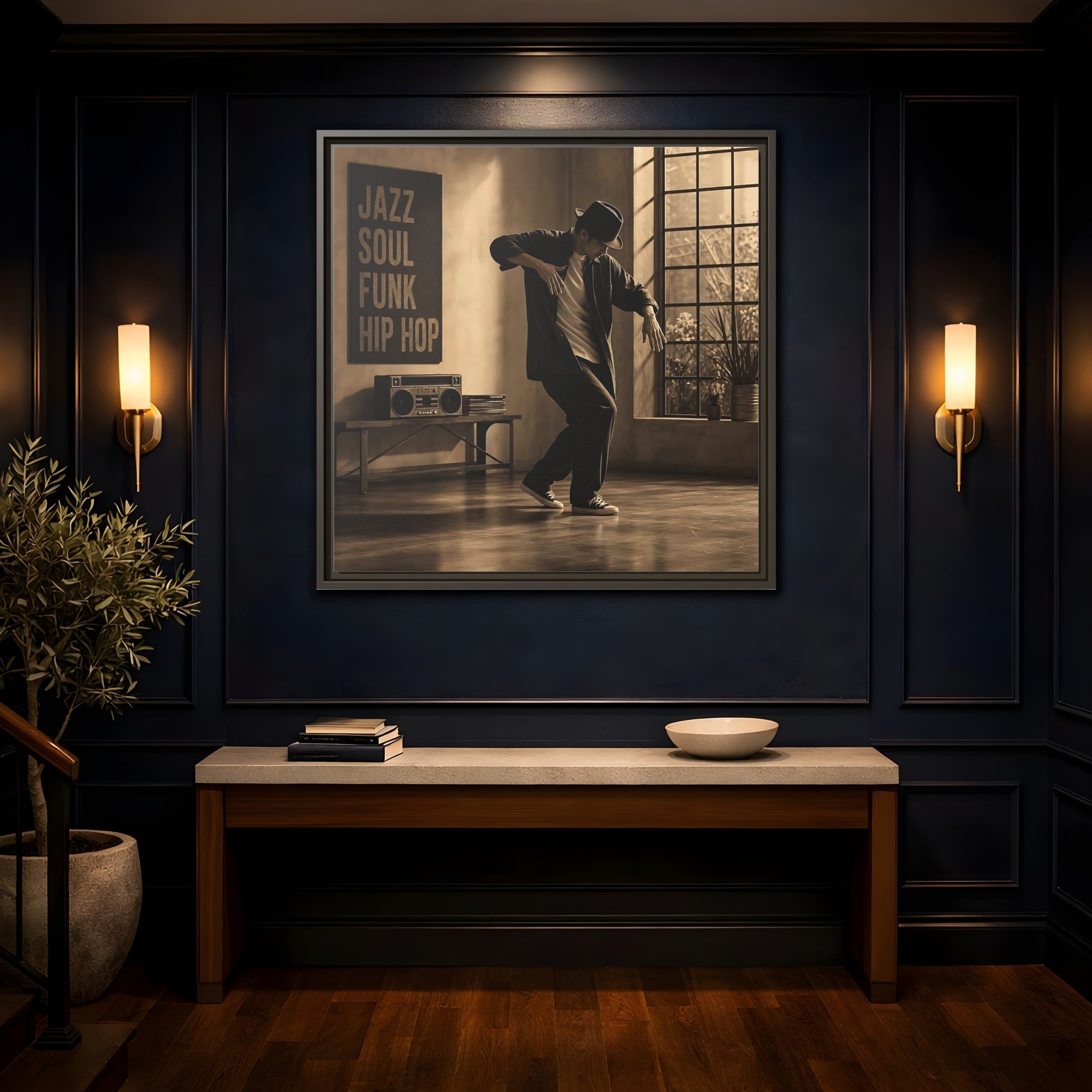 Mockup 4. Sepia Hip Hop Groove shown as framed canvas print