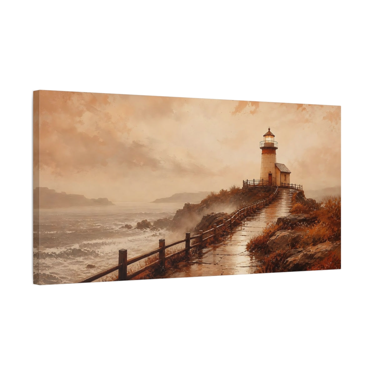 Side Mockup 1. Sepia Lighthouse By Sea shown as canvas print