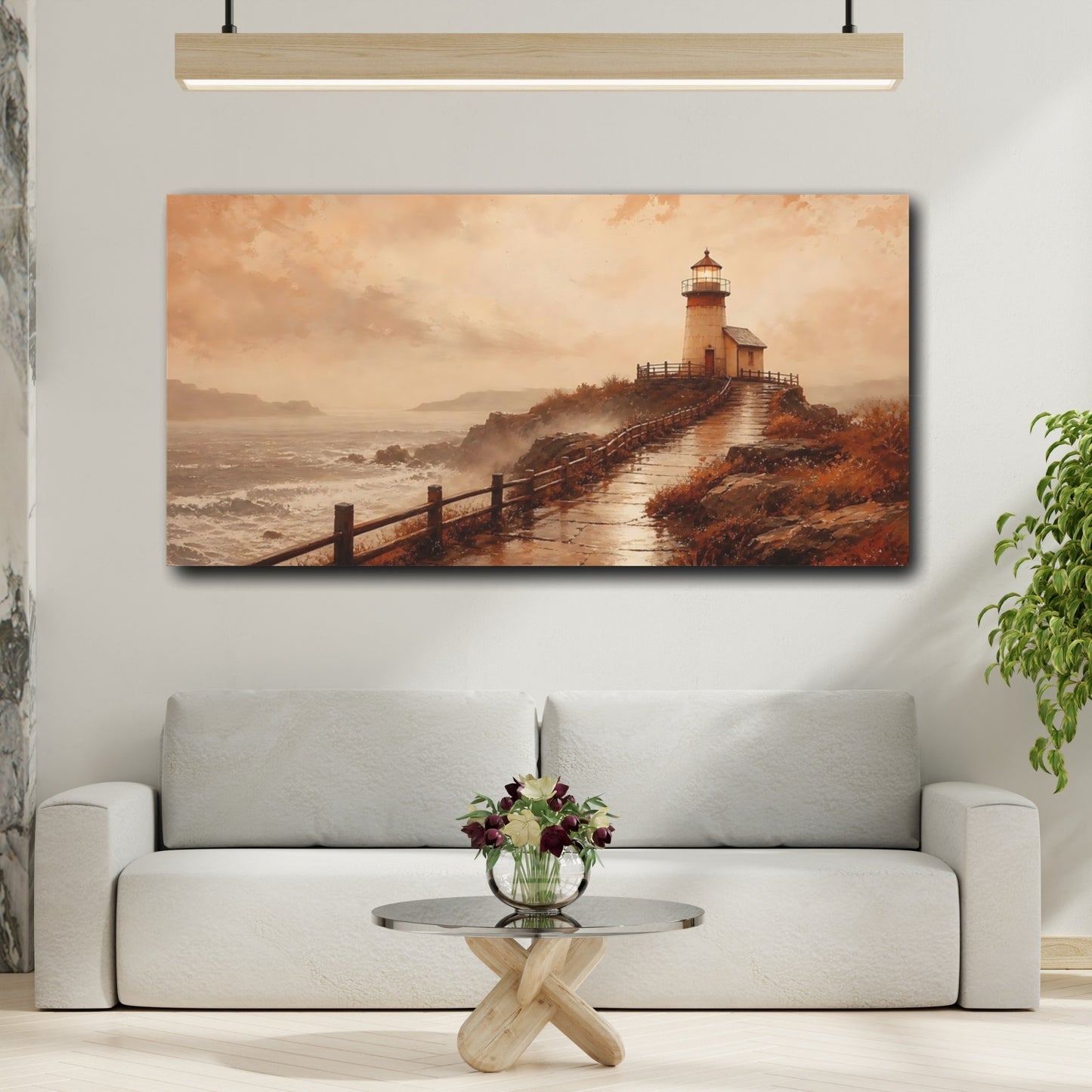 Mockup 2. Sepia Lighthouse By Sea shown as canvas print