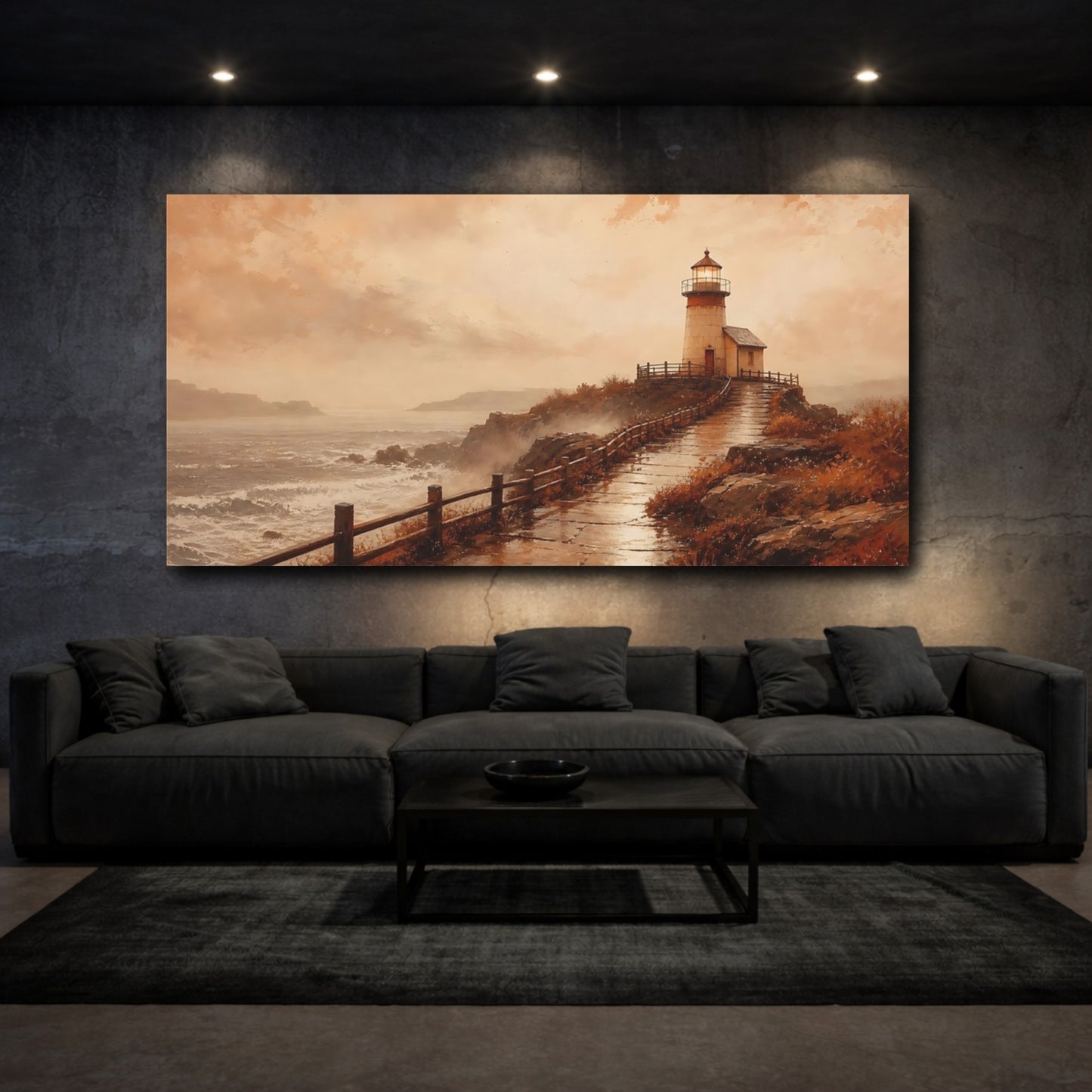 Mockup 3. Sepia Lighthouse By Sea shown as canvas print
