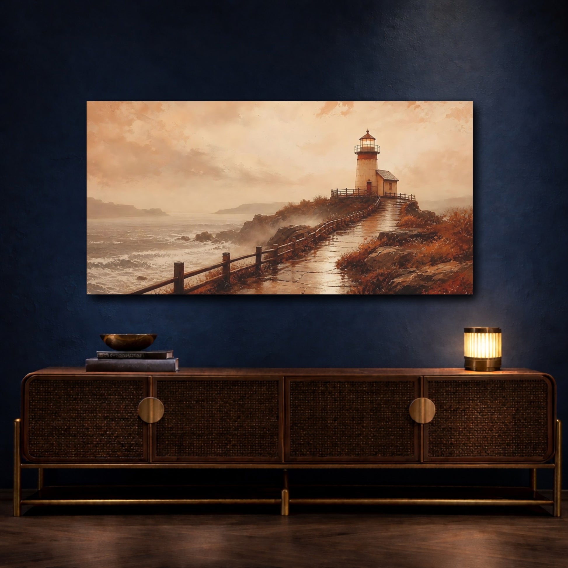 Mockup 4. Sepia Lighthouse By Sea shown as canvas print