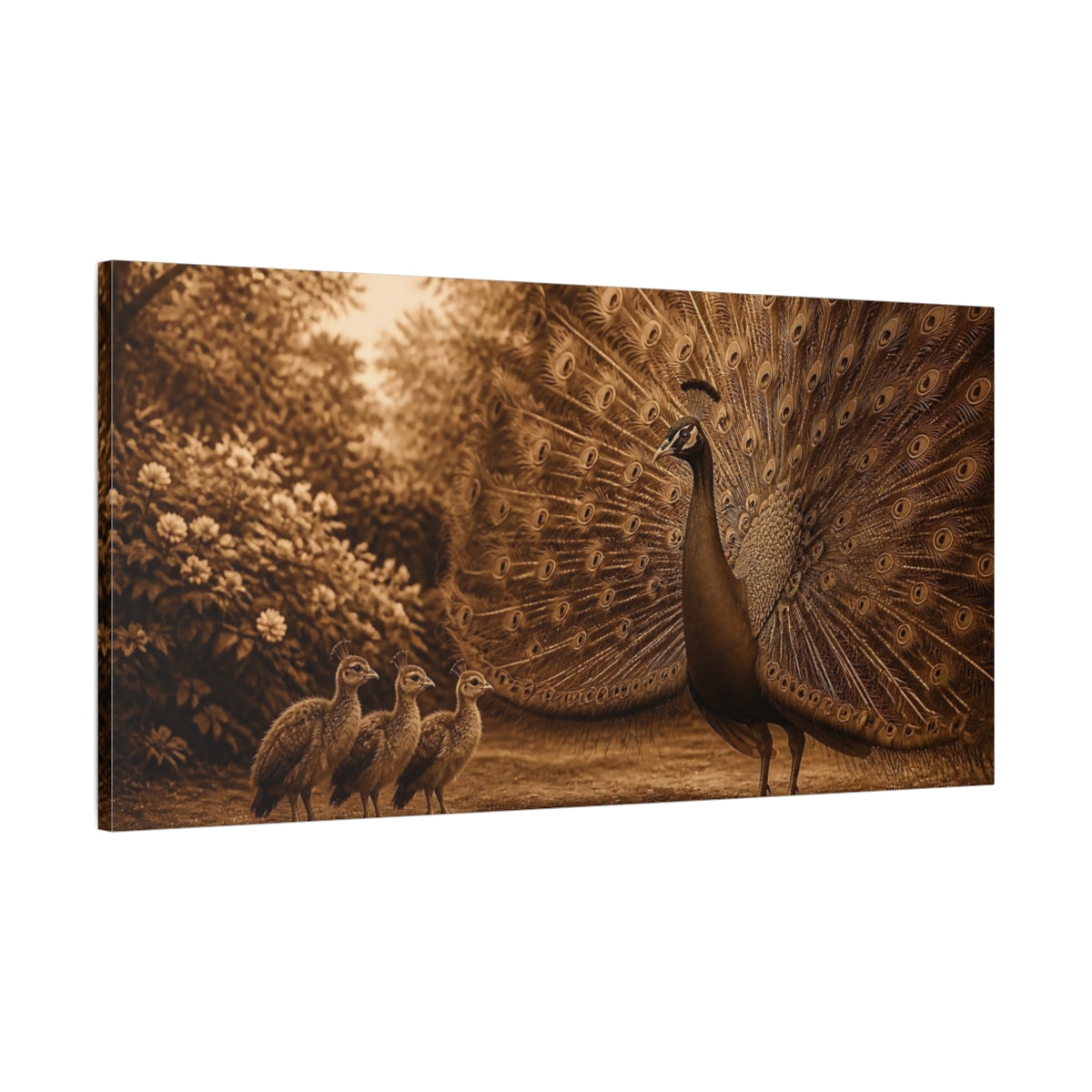 Main Mockup. Sepia Peacock With Chicks shown as canvas print