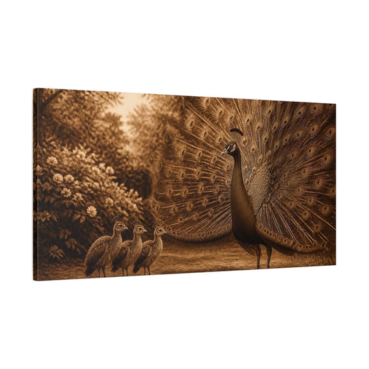 Main Mockup. Sepia Peacock With Chicks shown as canvas print