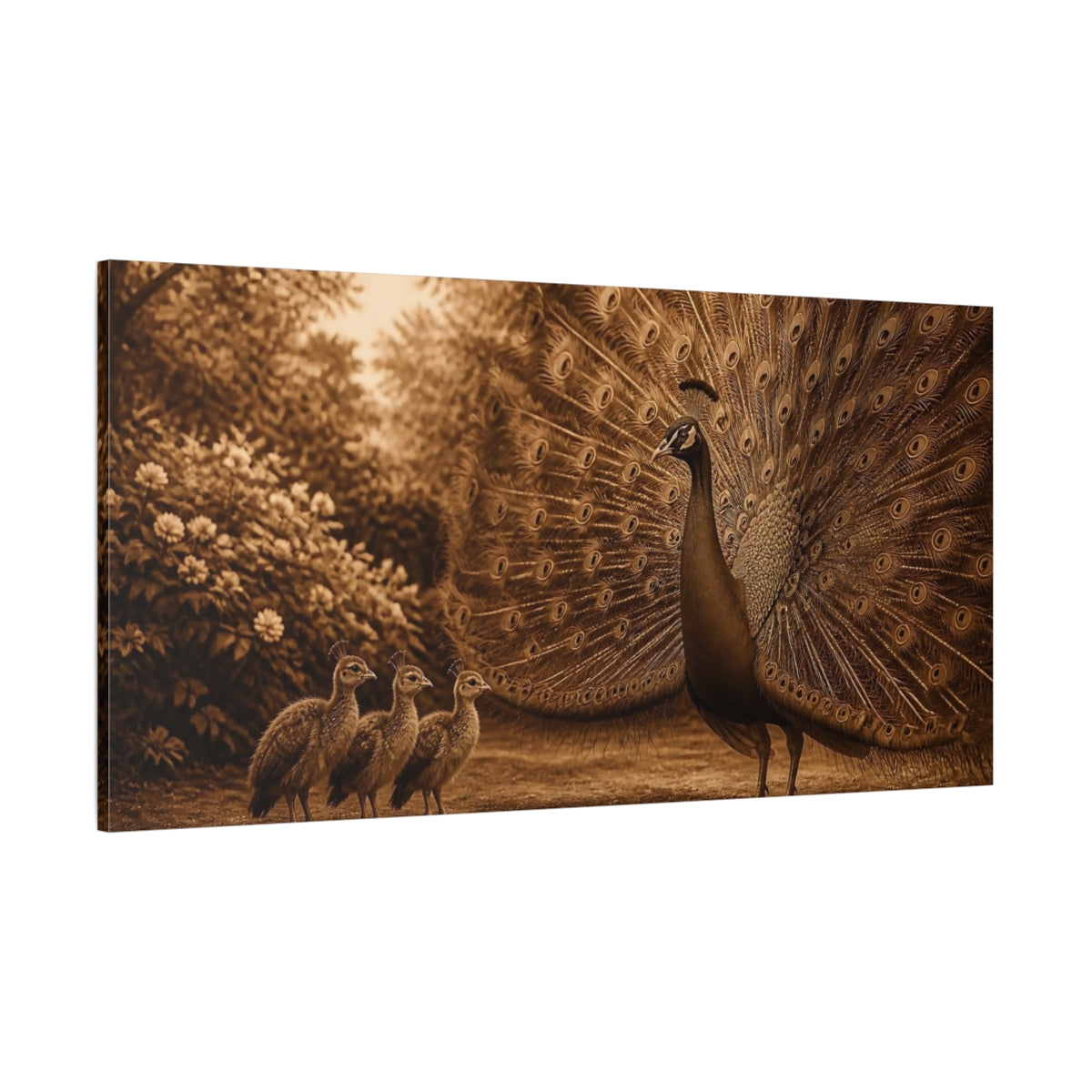 Side Mockup 2. Sepia Peacock With Chicks shown as canvas print