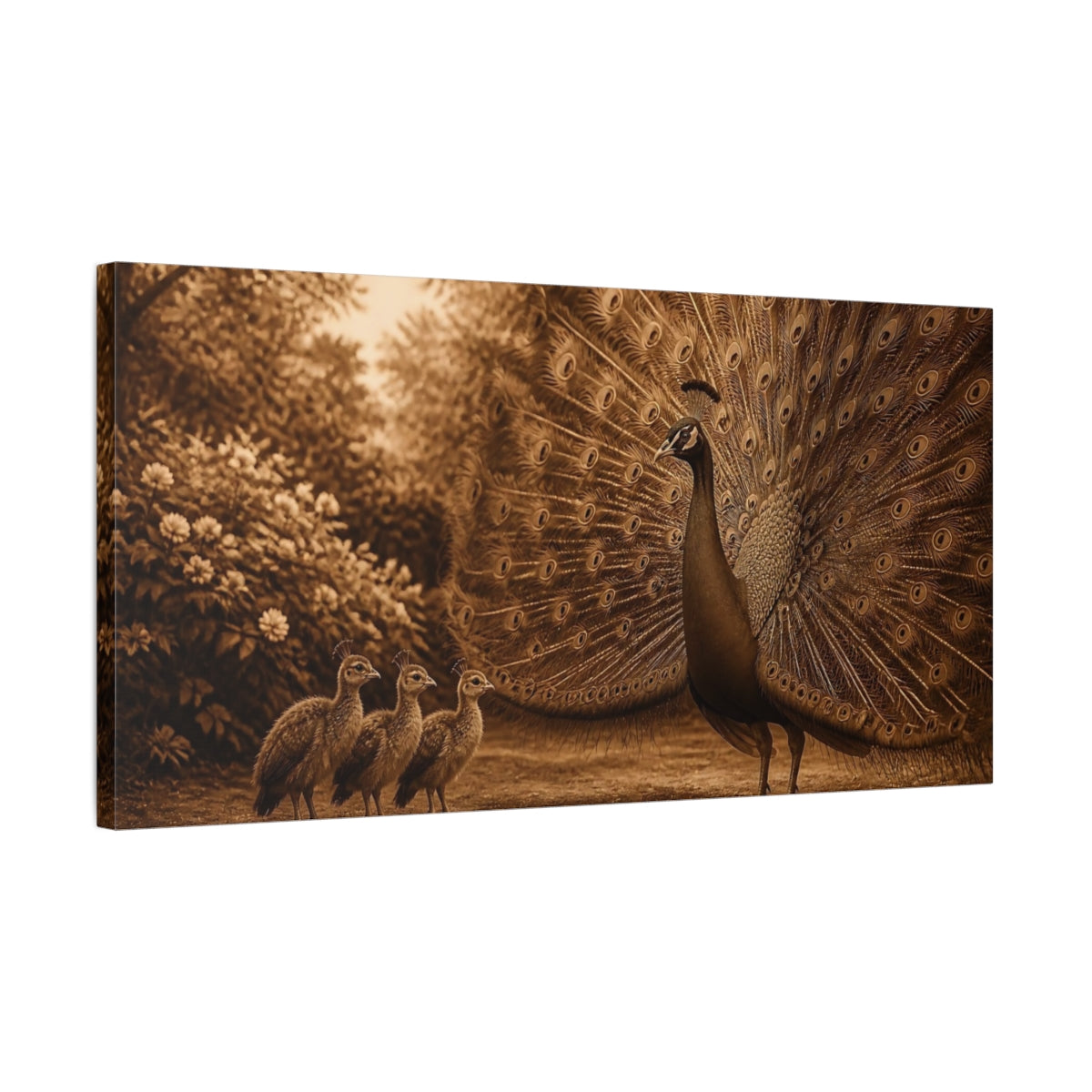 Side Mockup 1. Sepia Peacock With Chicks shown as canvas print