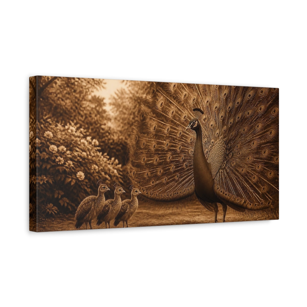 Side Mockup 3. Sepia Peacock With Chicks shown as canvas print