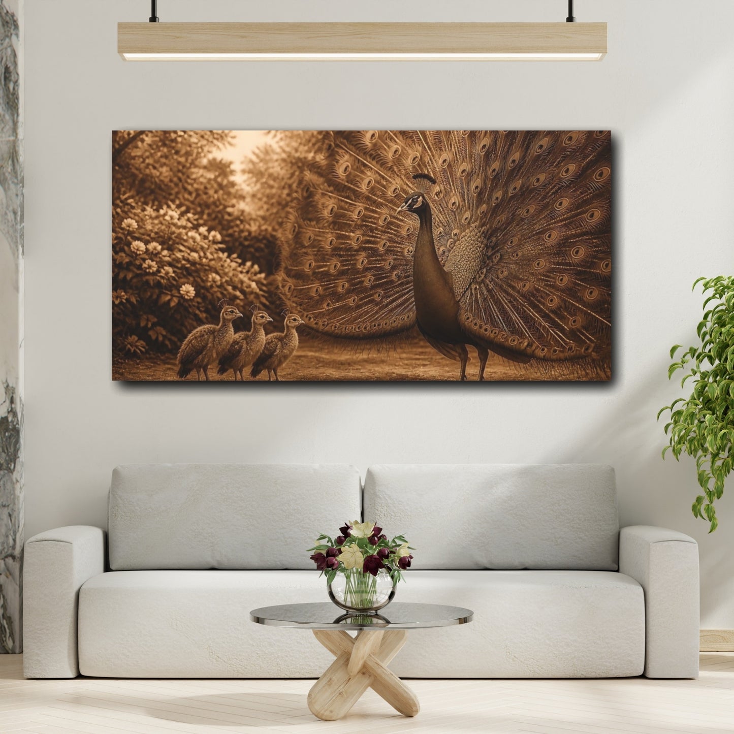 Mockup 2. Sepia Peacock With Chicks shown as canvas print